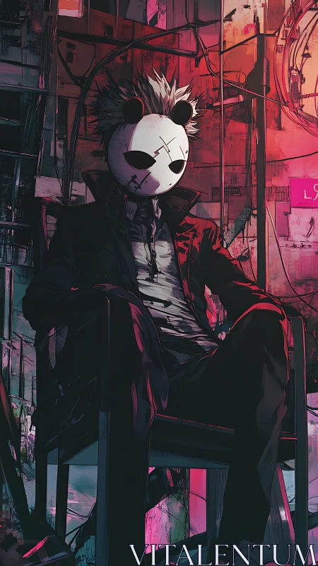 Masked antihero sits in neon-drenched cyberpunk alleyway.