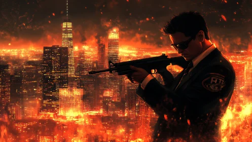 Calm agent stands guard above a city glowing with fire.