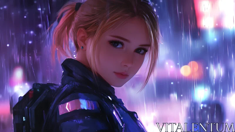 Rain-soaked cyber heroine gazes back through neon haze