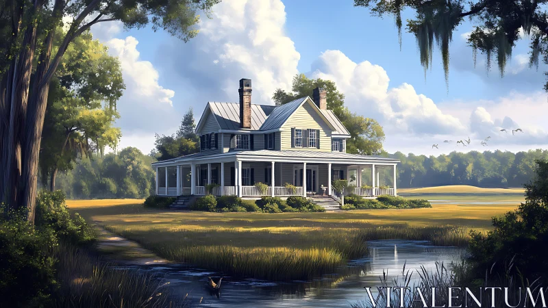 Country farmhouse with wraparound porch by quiet marsh.