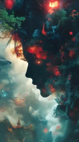 Volumetric nebula profile forms elemental visage above cyber temple