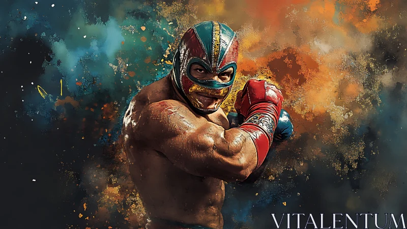 Masked Wrestler in Dynamic Combat Pose Against Explosive Background.