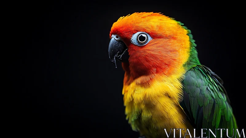 Vibrant Sun Conure Parrot Portrait with Black Background.