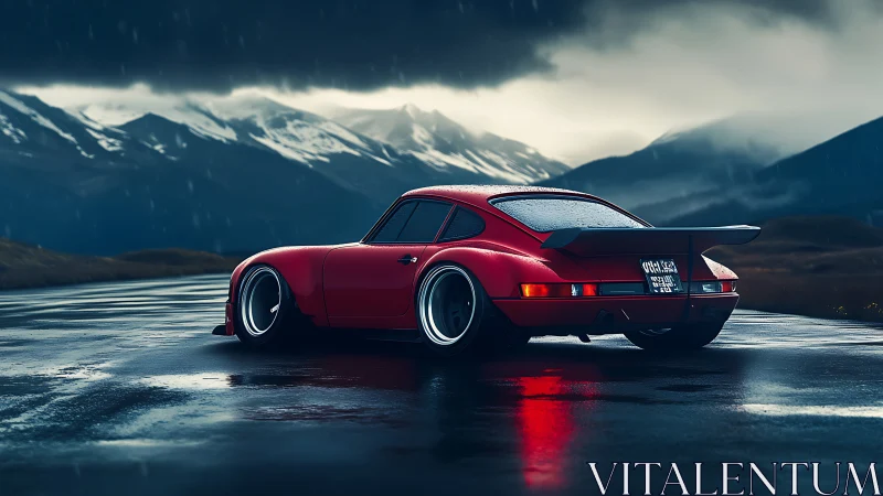 Red sports coupe on wet alpine road under storm clouds.
