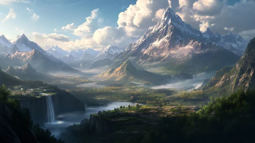 Sunlit mountain valley with misty falls and quiet village.