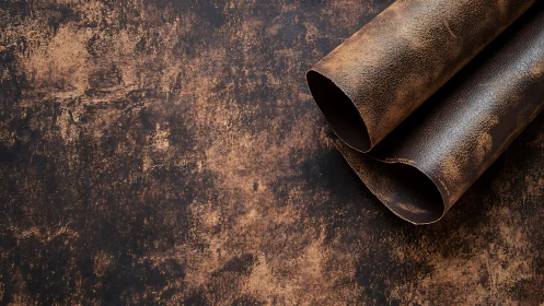 Rolled vintage leather sheet on distressed brown backdrop.