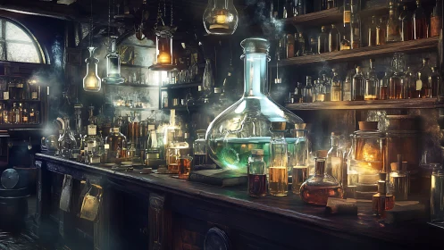 Victorian alchemy workshop laboratory with illuminated glassware