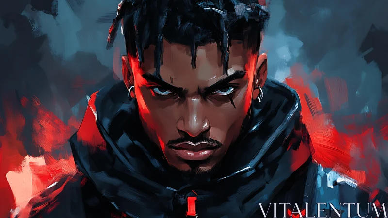 Digital portrait of intense figure in red-blue chromatic contrast.