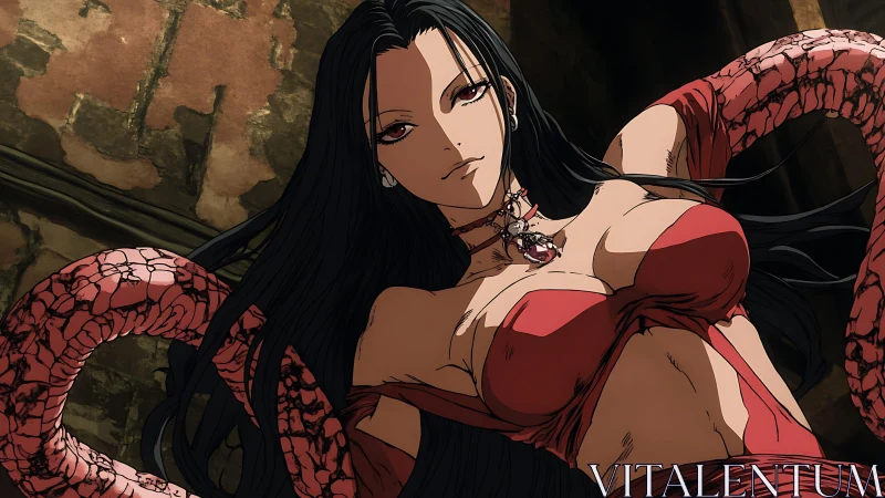 Crimson serpent enchantress reclines in shadowed stone lair.