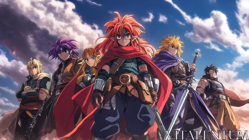 Heroic anime warriors stand united under dramatic sky