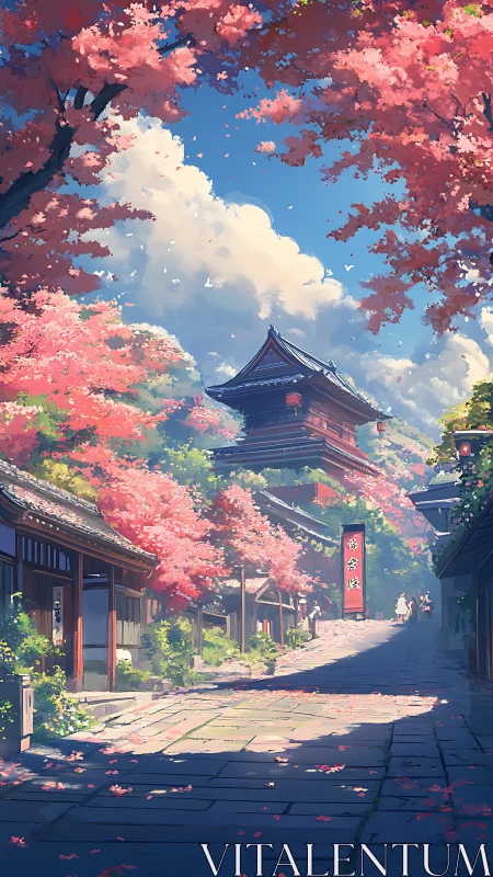 Stone path leads through a temple street framed by pink trees