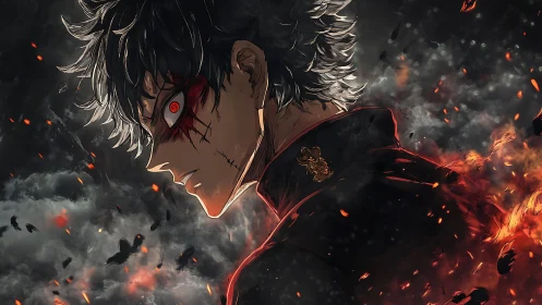 Side profile of male figure with red eye amid embers.