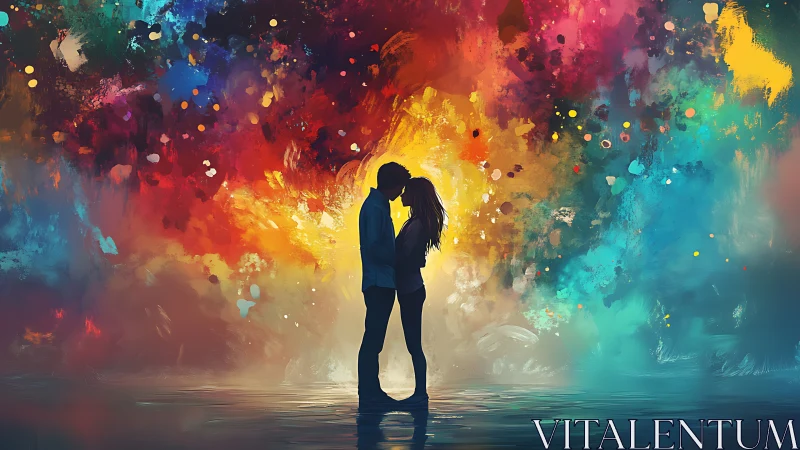 Silhouetted Couple Kissing in Colorful Abstract Background