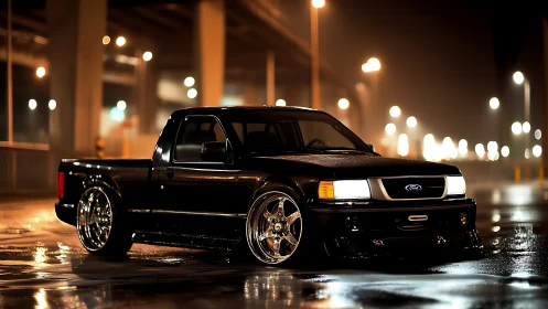 Sleek custom pickup truck glowing under rainy city lights.