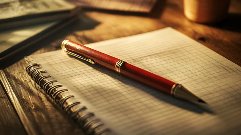 Red pen rests on spiral grid notebook under warm light
