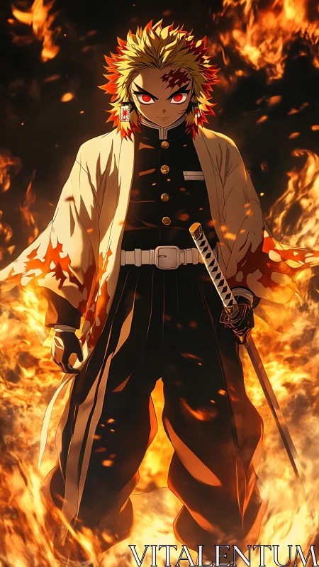 Fire-wreathed swordsman stands defiant amid blazing inferno.