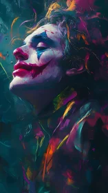 Expressionist clown portrait isolates emotional rupture in neon