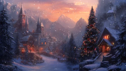 Snowlit alpine village under glowing Christmas twilight.