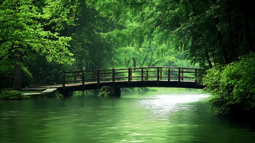 Tranquil Wooden Bridge Over Lush Green River in Nature Scene.