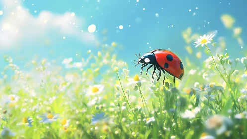 Ladybug rests on sunlit daisies in glowing spring meadow.