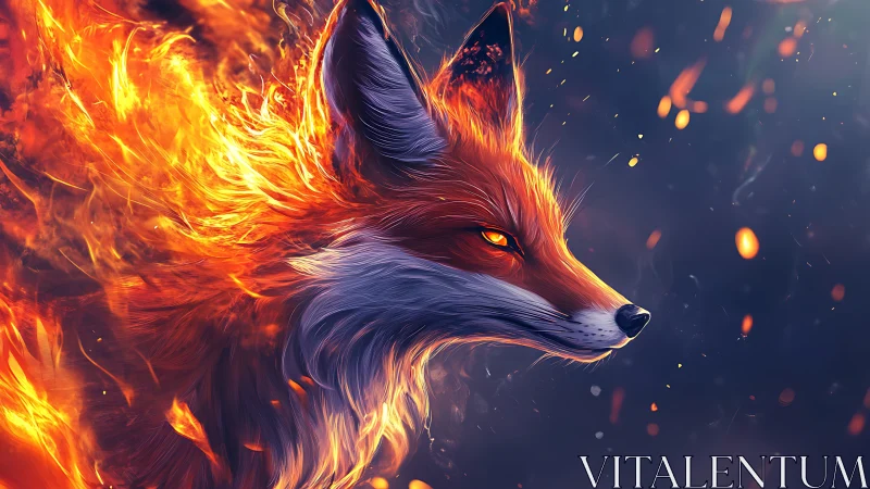 Fiery fox portrait with glowing embers and intense gaze.