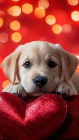 Cream Labrador with Red Hearts Against Bokeh.