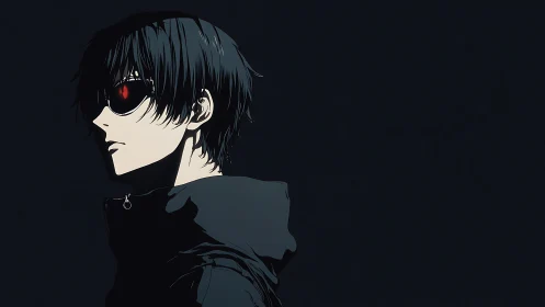 Dark-haired anime loner with glowing red eyes stands alone.