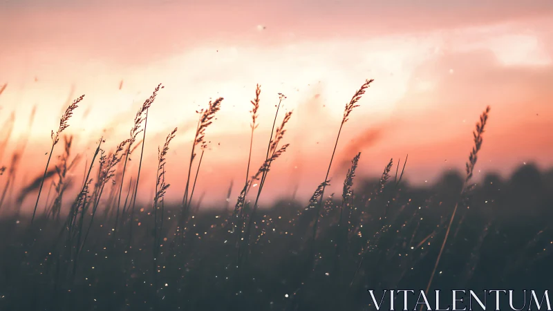 Backlit meadow grasses silhouette against diffuse sunset sky