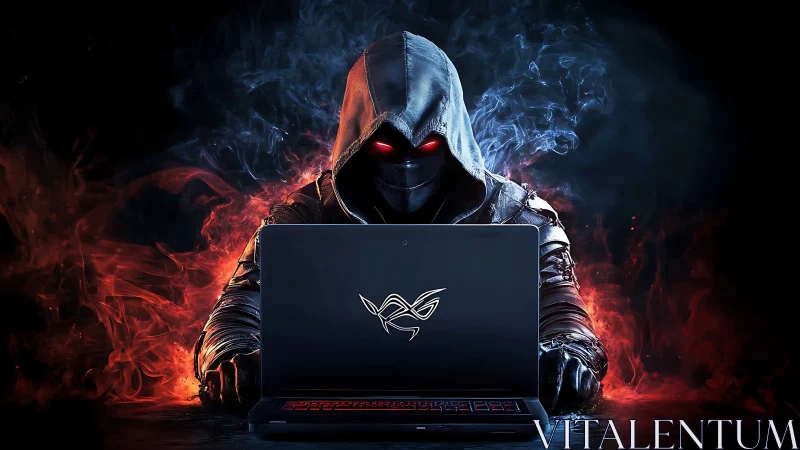 Hooded cyber rogue gaming in swirling fire and smoke.