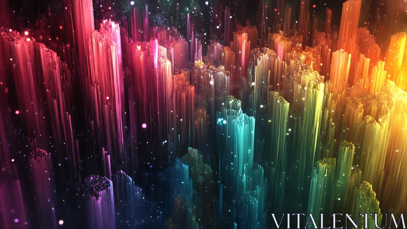 Glowing rainbow crystal city rising in a dreamy nightscape.