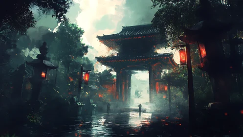 Foggy temple gate with lanterns in dense forest setting.