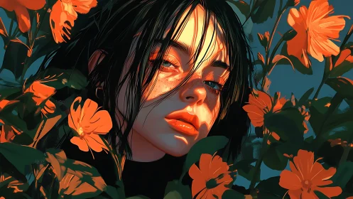 Softly lit freckled girl resting among bold orange blooms.