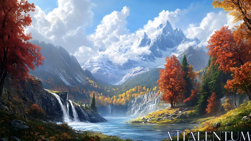 Autumn alpine lake below towering snow peaks at sunrise.