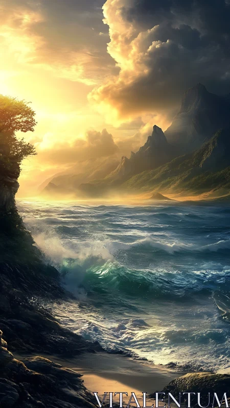 Dramatic rocky coastline under golden storm clouds at dusk.