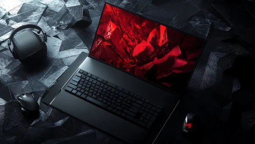 3D-rendered gaming laptop rig on faceted dark geometric surface.