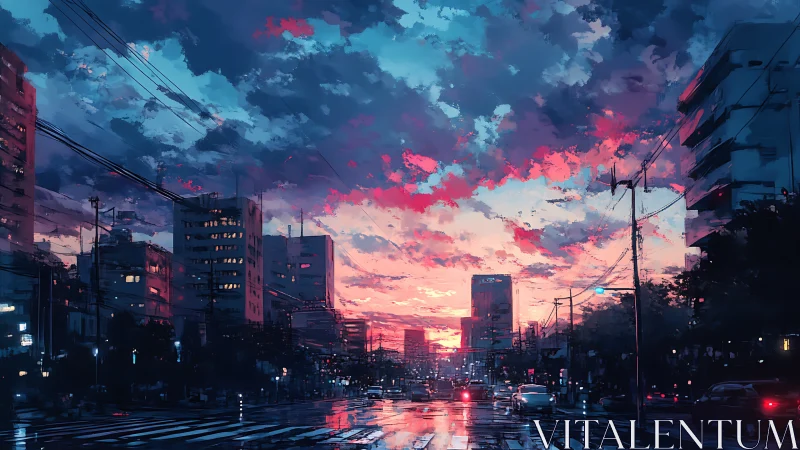 Urban intersection at dusk with reflective wet roadway scene.