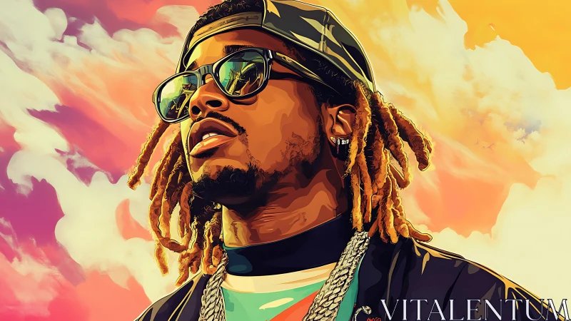 Hip hop portrait captures confident figure under neon sky