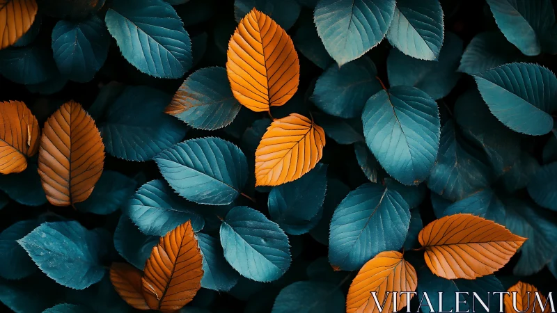 Orange leaves interrupt dense blue foliage with sharp contrast