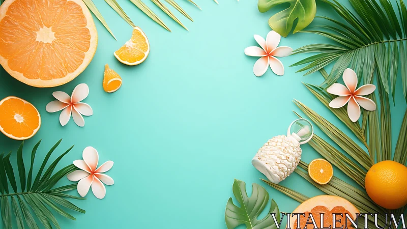 Tropical citrus layout surrounds bright turquoise summer backdrop