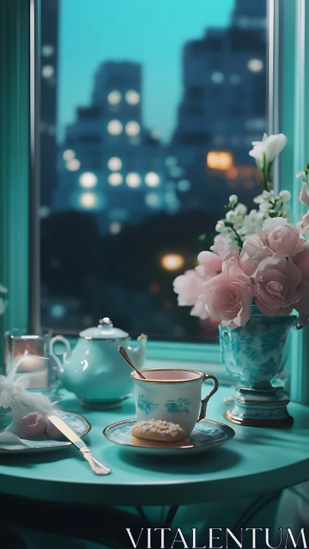 Twilight city tea table in pastel turquoise glow.