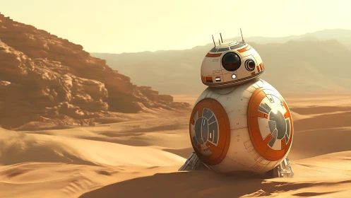 Spherical desert droid rolling across sunlit sand dunes.