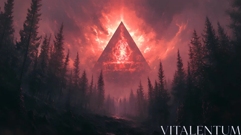 Glowing crimson pyramid rising above a dark misty forest.