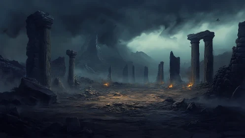 Stormlit Ruined Columns in a Quiet Forgotten Valley.