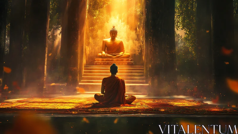 Monk in saffron meditating before luminous Buddha statue.