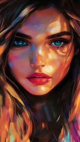 Vivid digital portrait of woman with intense blue eyes.