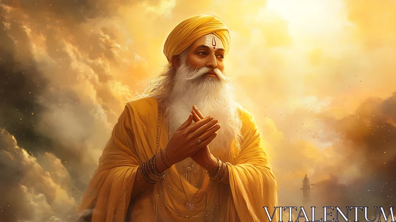 Golden-robed spiritual elder stands amid radiant clouds.