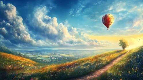 Sunlit balloon drifting above wildflower valley dreams.