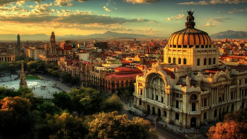 Sunlit dome and historic cityscape under warm atmospheric haze