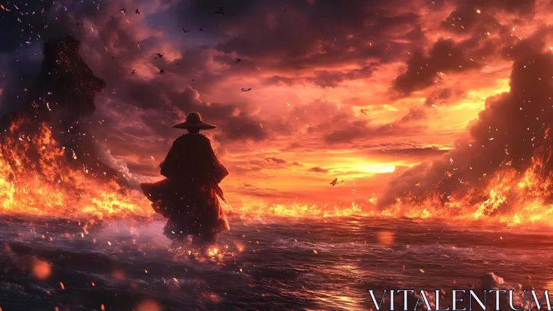 Silhouetted figure stands in fiery landscape with explosive illumination overhead
