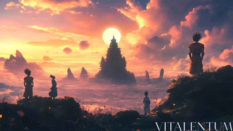 Sunlit cloud temple vista with silhouetted warrior quartet.